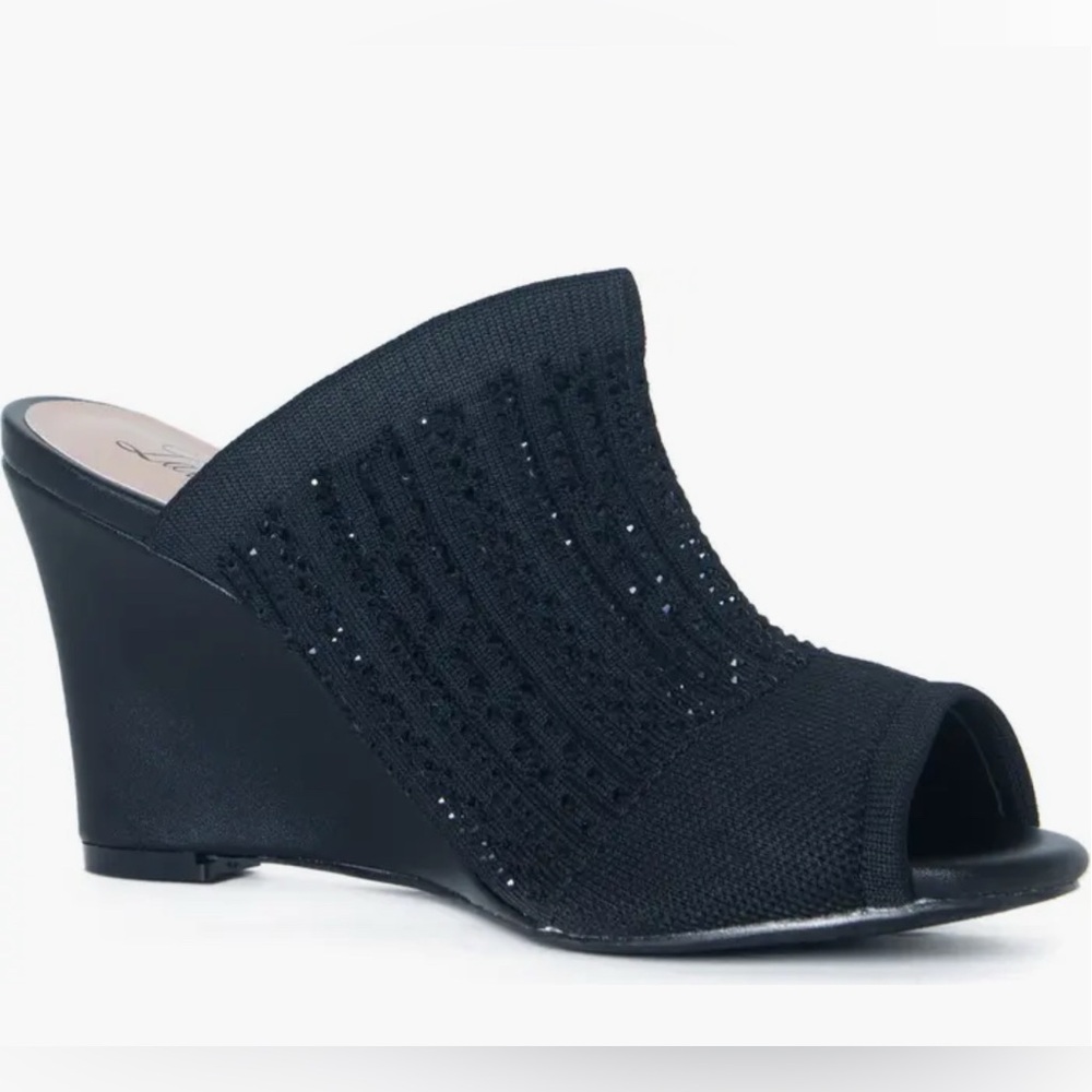 Lauren Lorraine Martha Black Stretchy Upper Peep-Toe Wedge Mules US 7 1/2  NWT